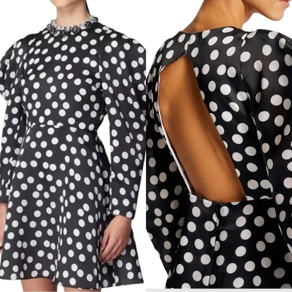 NWT CAROLINA HERRERA Polka Dot Silk Organza Puff Sleeve Dress Black White Size 8 - Picture 2 of 16